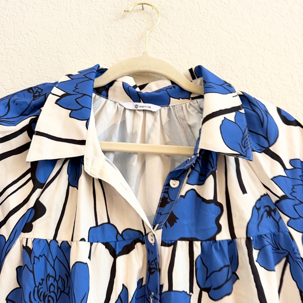 Wenrine Blue White Floral Button Up Tiered Shirt Dress Size Medium RT1078 - Picture 3 of 11